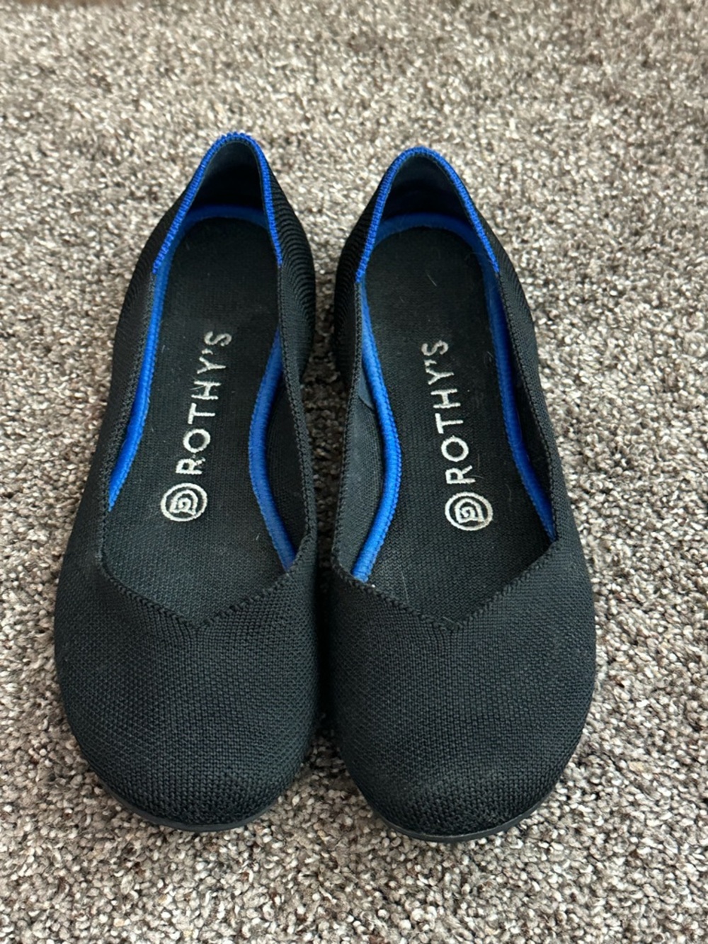 Rothy's The Flat Round Toe Black Knit Ballet Flats Blue Trim Size 7
